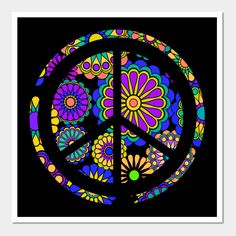 a colorful peace sign with flowers and butterflies on it's side, against a black background