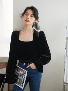 "★ Material: Velvet ★ Model Size: -- Model wear size M -- Model is 170 cm / 5'8\" -- Model measurements (bust 31\" / waist 26\" / hips 36\" ) ★ In order to make it more suitable for you. please tell me your body measurements : -- your Height -- your Weight -- your Bust -- Phone number for shipping Size S (US 4-6 | UK/AU 8-10 ) Bust: 88 cm / 34.6 inch Shoulder: 38 cm / 15 inch Length: 60 cm/23.6 inch Sleeve Length: 55 cm/21.6 inch Size M (US 8-10 / UK/AU 12-14) Bust: 94 cm / 37 inch Shoulder: 40 Luxury Velvet Women's Blouse, Luxury Fitted Velvet Blouse Piece, Luxury Elegant Velvet Blouse Piece, Luxury Unstitched Velvet Blouse Piece, Velvet Blouse Outfit, Velvet Tunic, Velvet Blouse, Custom Top, Blouse Plus Size