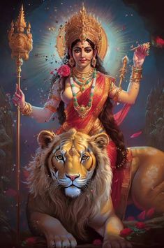 the hindu goddess sitting on top of a tiger