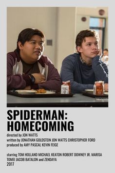 two men sitting at a table with food in front of them and the caption spiderman home coming