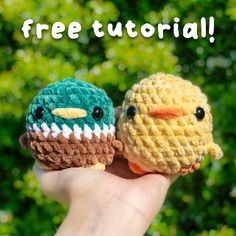 two small crocheted birds sitting next to each other on a persons hand with trees in the background