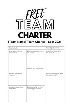 the free team charter chart is shown in black and white