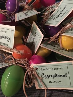 easter eggs tied with twine and tags for an eggfood treat or candy bar