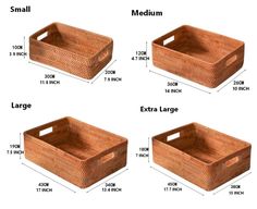 three different types of baskets with measurements for each basket and the size to fit them