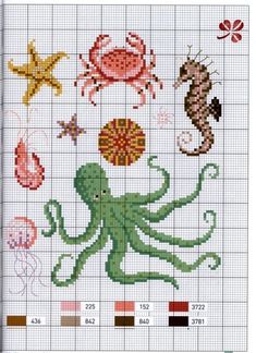 the cross stitch pattern shows an octopus, seahorse and starfish on a white background