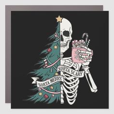 a skeleton holding a christmas tree with the words santa merry written on it and an image of