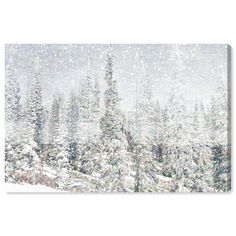 a snowy scene with trees and snow flakes