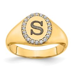 This made-to-order brass monogram ring features .16 carats in natural round diamonds set as the border of an oval face. An antique engraved initial contrasts the bold polished finish and shimmering diamonds. The ring is available in US sizes 5 - 9, and is available in the following options: Sterling Silver Gold Plated Silver 10k White Gold 10k Yellow Gold 14k White Gold 14k Yellow Gold The sterling silver and white gold options are plated with rhodium for added shine and durability.  Processing Yellow Gold Oval Signet Ring With Diamond Accents, Gold Signet Ring With Diamond Accents, Initials Diamond Ring, Initials Engraved Diamond Ring, Gold Oval Signet Ring With Diamond Accents, Oval Gold Signet Ring With Diamond Accents, 14k Gold Diamond Ring With Initials, Yellow Gold Diamond Ring With Initials For Formal Occasions, Yellow Gold Diamond Ring With Initials For Formal Events