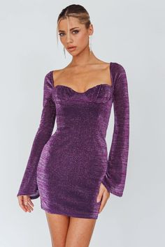 Dreaming Of Rome Laced Back Mini Dress Sparkle Grape Long Sleeve Hoco Dress Purple, Long Sleeve Hoco Dress, Whimsical Outfit, 18th Birthday Dress, Hoco Dresses Purple, Haute Mess, Dress Sparkle, Recruitment Outfits, Selfie Leslie