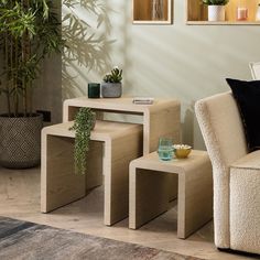 a living room filled with furniture next to a potted plant on top of a table