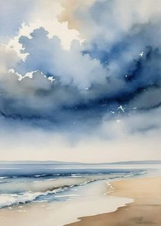 Watercolor Paintings Ocean Beach Scenes, Quick Watercolor Sketches, Ocean Watercolor Painting Easy, Watercolour Inspiration Landscape, Ocean Watercolor Painting, Watercolor Study, Water Color Art, Ocean Watercolor, Watercolor Beach