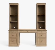 a wooden desk with two open shelves and drawers on it's sides, in front of a white background