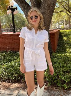 Get ready for summer with the Hayden Linen Romper! Made of a cool & breathable linen, this romper is the perfect travel companion for all your adventures. Say hello to summer in style and comfort with this must-have piece! White Linen Romper Elastic Waistband Front Button Closures with Matching Tie Belt Collared Neckline with Cuffed Hems Pockets!! Styled with Zoey Sunnies and cowboy boots! SIZING: Runs true to size! Mary Kate is wearing a size small, she typically wears a 4/Small in most items & Summer Linen Jumpsuits And Rompers For A Day Out, White Beach Jumpsuit With Relaxed Fit, Casual Linen Jumpsuits And Rompers For Day Out, Summer Relaxed Fit Jumpsuits And Rompers, Relaxed Fit Summer Jumpsuits And Rompers, Relaxed Fit Jumpsuits And Rompers For Summer, Summer Relaxed Fit Jumpsuit, Summer Vacation Linen Jumpsuits And Rompers, Summer Beach Linen Jumpsuits And Rompers