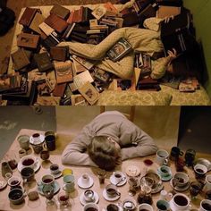 there is a woman laying on the floor surrounded by cups and saucers