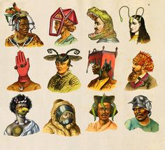 an image of people with headgear and masks on their heads in different poses