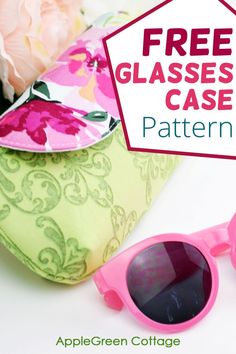 a pink pair of sunglasses with the text free glasses case pattern on top and below