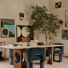 a dining room table with blue chairs and a potted tree in the corner,