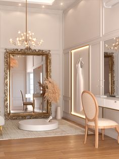 a room with a chair, mirror and table in the center is decorated with gold accents