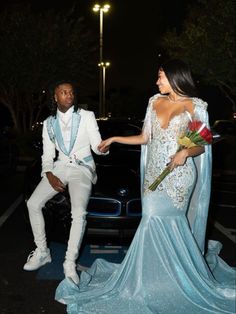 Sky Blue Prom Couple, Cute Prom Colors For Couples, White And Blue Prom Suit, Blue And White Prom Couple, Grey And Blue Prom Suit, Light Blue Prom Couple Outfits, Light Blue Prom Suit, Light Blue Prom Suits