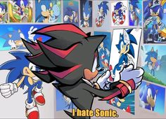 an image of sonic the hedge character in front of some pictures and text that reads, i