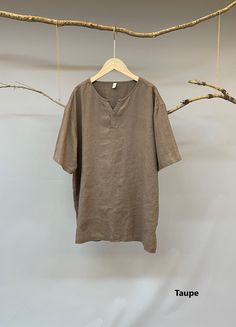 "Nothing beats a simple linen tee in a hot and humid summer. Made from 100% pure linen fabric, this split neck linen tee is soft and very breathable, making you feel relaxed indoor and outdoor. -100% prewashed linen fabric - Short sleeves - Easy to dry - Split collar - Relaxed fit Please provide your shoulder width, chest measurement ( measured around the widest part please) and your height along with your order in the note to seller box. Don't see your size? Please message us for custom made or Solid Linen Casual T-shirt, Solid Linen Short Sleeve Shirt, Brown Short Sleeve T-shirt For Summer, Solid Color Linen T-shirt For Spring, Solid Linen V-neck Shirt, Short Sleeve Flax Top For Summer, Flax Short Sleeve Top For Summer, Flax Colored Relaxed Fit Short Sleeve Shirt, Linen V-neck Shirt