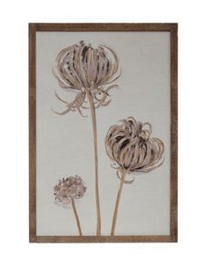 three flowers in a brown frame on a white wall