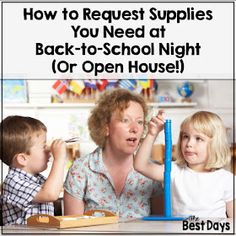 a woman and two children sitting at a table with the words how to request supplies you need at back - to - school night or open house