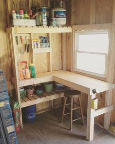 the inside of a shed with shelves and stools