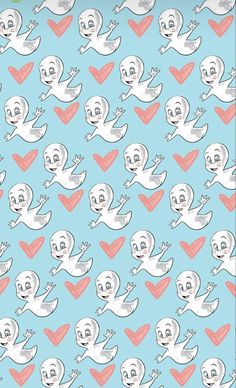 a blue background with lots of white ghost and heart shaped hearts on the bottom right corner