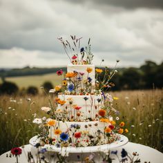 a tall white cake with flowers on it sitting in the middle of a grass field