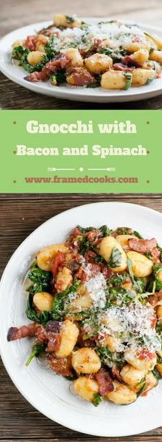 gnocchi with bacon and spinach on a white plate