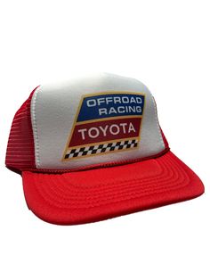 Toyota Offroad Racing Vintage Style Red Snapback Cap Mesh Retro Trucker Hat Vintage style trucker hat.  Appears to be new and unworn This is a mesh trucker hat with an adjustable snapback that fits most people 100% Polyester Front 100% Nylon Mesh Back 5-Panel cap Seamless Foam Front Panel with Lining 8 Rows Stitching on Visor Matching Fabric Under visor Adjustable Plastic Snap Toyota Offroad, Vintage Toyota, Vintage Trucker Hats, Drag Racing, Snapback Cap, Hats Vintage, Trucker Cap, Vintage Stil, Style Vintage