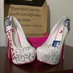 Custom Heels, Never Worn. Left Heel Has A Rhinestoned Crown, Right Heel Says Princess In Rhinestones. White Bedazzled Heels, Bedazzled White Wedding Shoes For Party, White Bedazzled Wedding Shoes For Party, Embellished White High Heels, White Embellished High Heel, White Embellished High Heels, Silver Metallic Heels, Princess Heels, Custom Heels