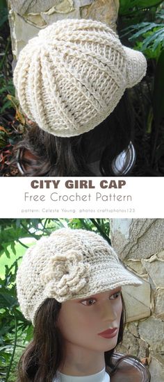 a crochet hat is shown with the text city girl cap free crochet pattern