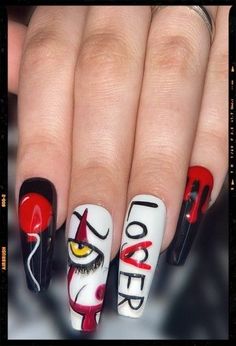 Pennywise Nail Designs, It Nails Clown, Halloween Nails It Movie, It Nail Art Stephen King, Halloween It Nails, Pennywise Nails Acrylic, Horror Movie Acrylic Nails, Halloween Nails Pennywise, It Themed Nails