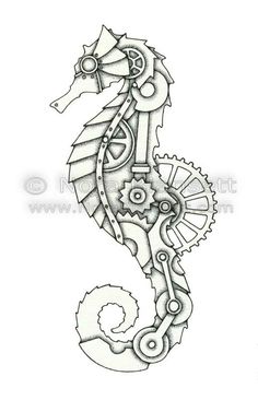 a drawing of a seahorse with gears on it