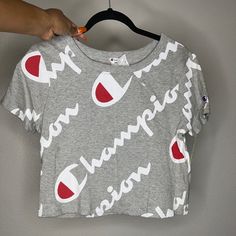 Grey Champions Crop Top Shirt Brand New Gray Logo Print T-shirt For Spring, Basic Gray Top With Logo Print, Trendy Gray Tops With Logo Print, Cute Workout Outfits, Champion Shirt, Crop Top Shirts, Crop Tshirt, Comfy Outfits, Workout Clothes