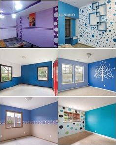 four pictures of different rooms with blue and white walls