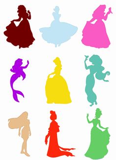 the silhouettes of disney princesses are shown in different colors and sizes, including pink, blue, yellow, green, red, purple