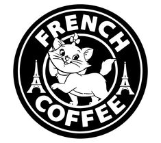 a black and white image of a cat with the words french coffee in front of it