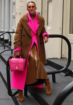 Fuchsia Pink Sweater Outfit, Hot Pink Outfit Winter, Hot Pink Brown Outfit, Brown And Fuschia Outfit, Fuchsia Turtleneck Outfit, Pink And Brown Outfit Winter, Brown Color Block Outfit, Fuschia Boots Outfit, Hot Pink And Brown Outfit