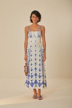 Off-White Graphic Fishes Euroflax™ Premium Linen Maxi Dress Ocean Theme Dress, Vestidos Maxi, Sewing Details, Fish Motif, Blue And White Dress, Swimwear Dress, Linen Maxi Dress, Looks Chic, Farm Rio