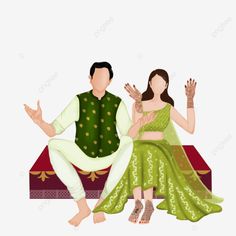 a man and woman are sitting on a red couch with their hands in the air