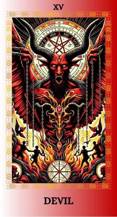 the devil tarot card is shown with an image of a demon and two demons on it