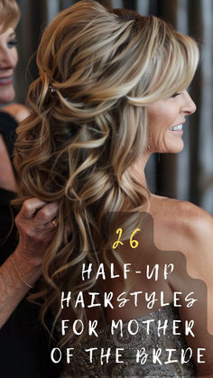 Elevate your look with a timeless half-up hairstyle! Click to browse through 26 chic options perfect for the mother of the bride. Find the style that best suits you and the wedding theme! 🍾👩‍🦳🕊️ #TimelessHairstyles #WeddingChic #MotherOfTheBrideLooks #HairStyleTips #WeddingGlamour Mother Of Bride Wedding Hairstyles, Fancy Hairstyles For Long Hair Half Up, Mob Half Up Hairstyles, Mother Of Bride Half Up Half Down, Half Updo Mother Of The Bride, Mother Of The Groom Hair Down, Wedding Hairstyles For Long Hair Mother Of The Groom, Side Hairstyles Wedding Guest, Half Up Mother Of The Groom Hair