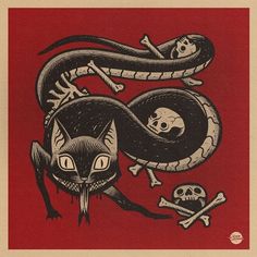 a drawing of a cat and two skulls on a red background