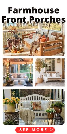 the front porch is decorated with pumpkins and fall decorations