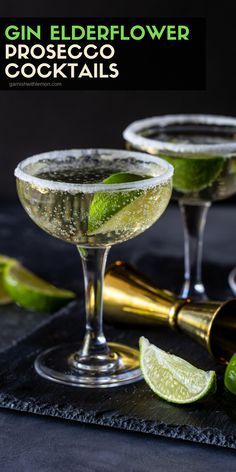 gin elderflower prosciuco cocktails in coupe glasses garnished with lime wedges