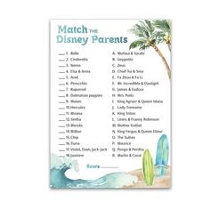 a printable game for disney parents with surfboards and palm trees on the beach