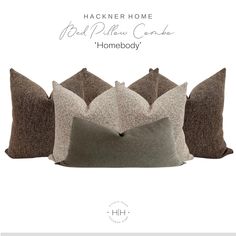 four pillows with different colors on them and the words hackner home real pillow candy